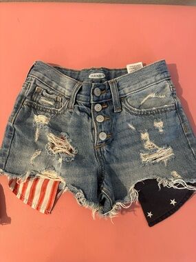 Old Navy Women's Blue Distressed Denim Shorts with Flag Patch Details